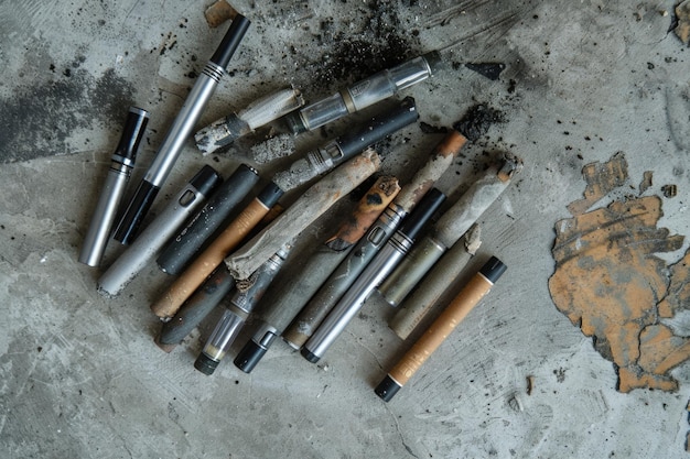 Собранные выброшенные электронные сигареты на бетонном полу
