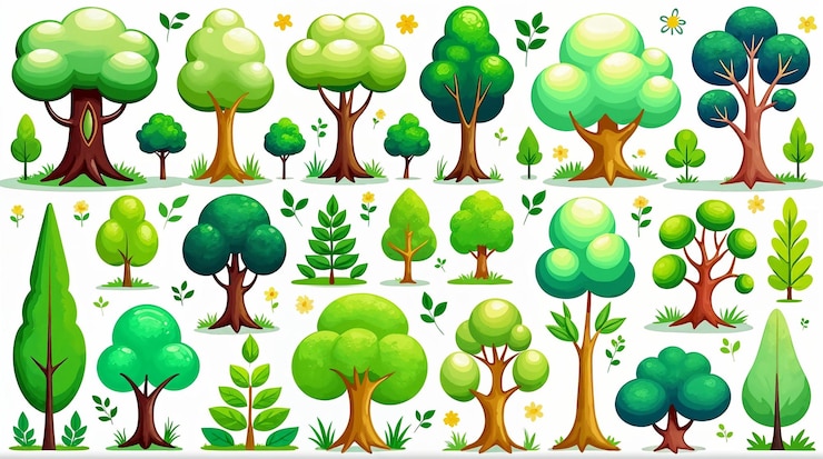 Foto collectie cartoonbomen, gebladerte en natuurelementen