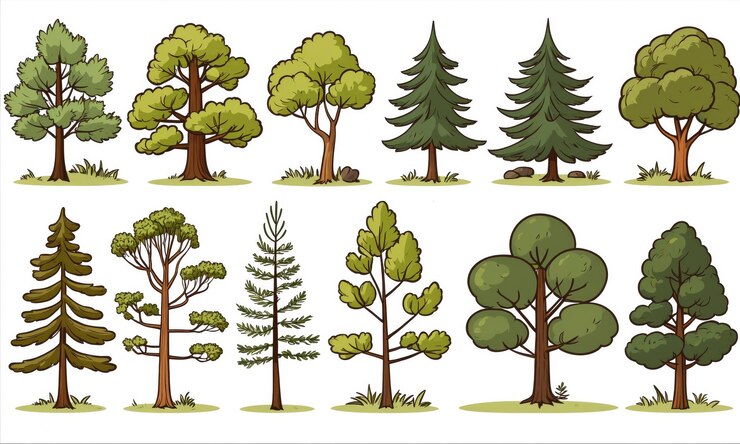 Foto collectie cartoonbomen met groen gebladerte