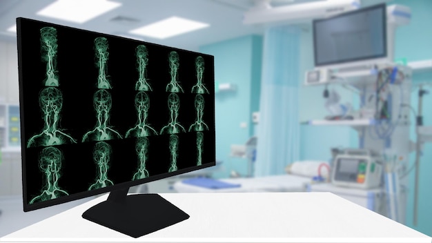 Collectie MRA Hersen- of magnetische resonantie-angiografie MRA van de cerebrale slagader en de gemeenschappelijke halsslagader AP en laterale weergave om ze te evalueren stenose en beroerte ziekte groene toon proces