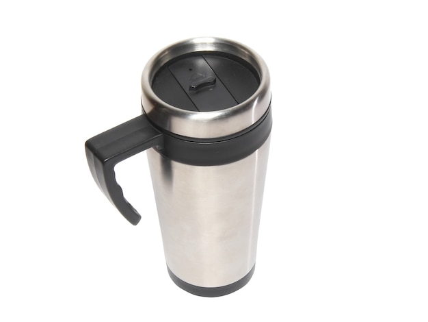 Collectie (set) van hittebescherming-thermos (staal reizen) koffiemok geïsoleerd op wit