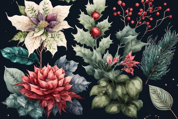 Collectie van aquarel kerst bloemen en bladeren