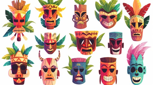 Collectie van cartoon tiki maskers Hawaiiaanse stam totem hoofden versierd met bladeren Moderne illustratie set van traditionele Afrikaanse of Polynesische houten gezichten Oude cultuur rituele element