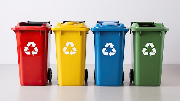 Collectie van gele, groene, blauwe en rode recyclingbakken met recyclingsymbool geïsoleerd op witte achtergrond Generatieve Ai