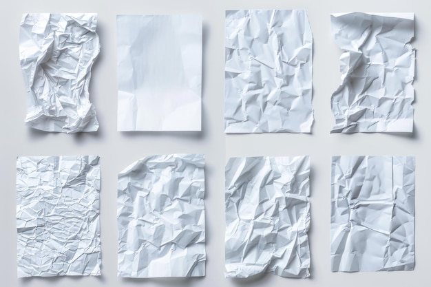 Collectie van gerecycled papier, gekneusd papier, ontvouwd stuk papier op witte achtergrond