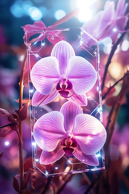 Foto collectie van glazen zeshoekige kaarten bevestigd aan orchidee takken met transp vintage nature hang tag