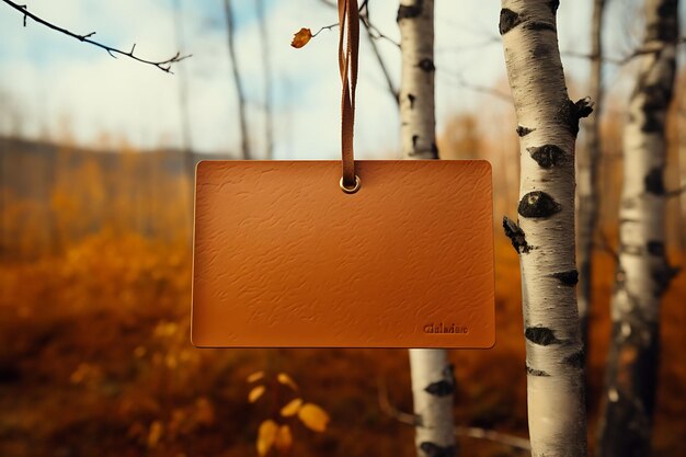 Collectie van Leather Oblong Card Hanging op Birch takken met Warm en Vintage Nature Hang Tag