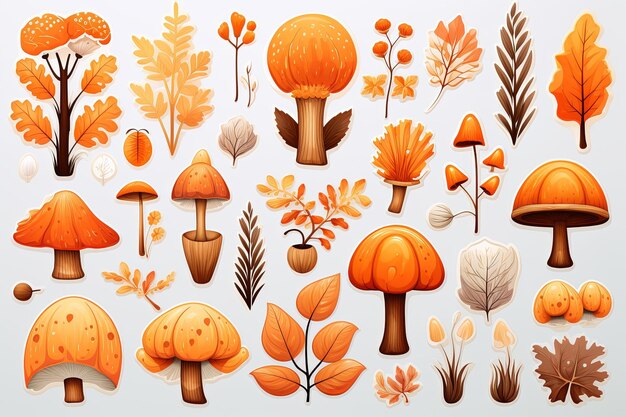 Collectie van paddenstoelen en herfstbladeren sticker set clipart illustratie met patroon achtergrond