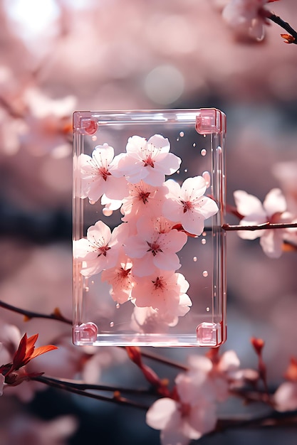 Foto collectie van plastic transparent square card opgehangen van cherry blosso vintage nature hang tag