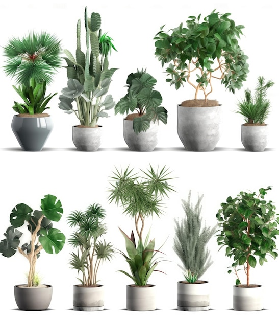 Collectie van prachtige planten in keramische potten geïsoleerd op witte achtergrond Generatieve AI