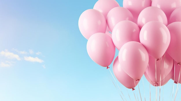 Collectie van roze vliegende ballonnen gevuld met helium geïsoleerd op de lucht achtergrond AI gegenereerd