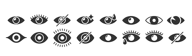 Collectie van verschillende monochrome oog iconen gepresenteerd in een eenvoudige zwart-wit stijl visie
