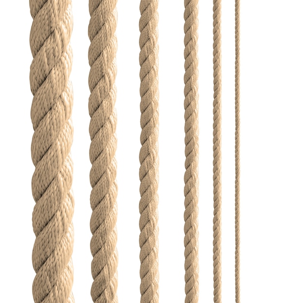 Collectie van verschillende touwen string op witte achtergrond.