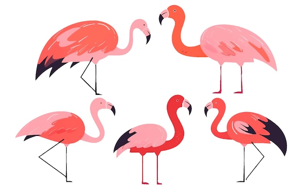 Foto collectie vectorillustratie van tropische roze flamingo geïsoleerd op witte achtergrond instellen