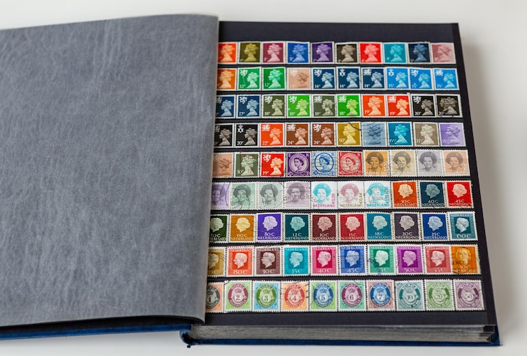 Foto collectie vintage postzegel set in open album verzamelboek met engelse en nederlandse sets