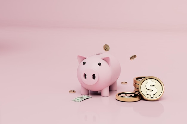 collecting money in a piggy bank. a piggy bank next to which are patterns of gold dollar coins