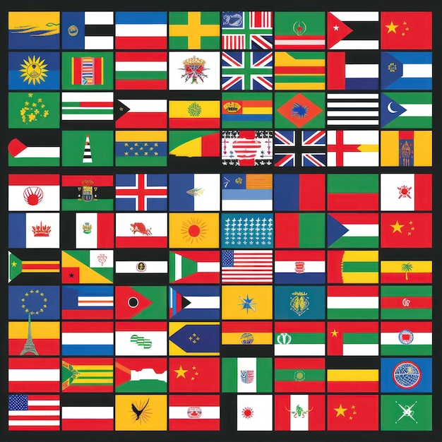 黒い背景にアルファベット順に並べた100の国旗集 世界多様性 統一と国際関係の概念