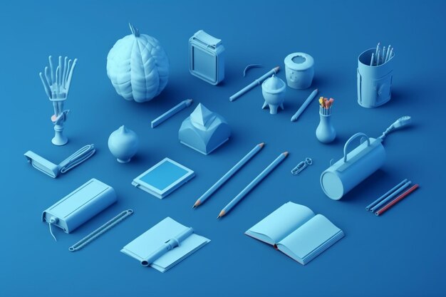 Collection of 3d back to school icon isolated on blue education and online class concept