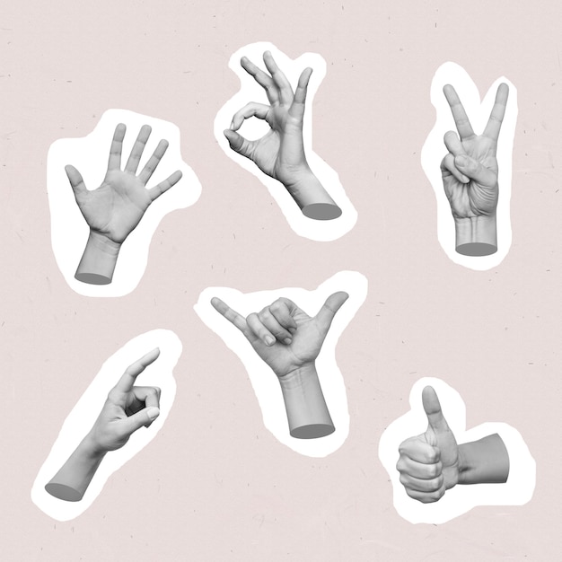 Photo collection of 3d hands showing gestures such as ok peace thumb up point to object shaka palm
