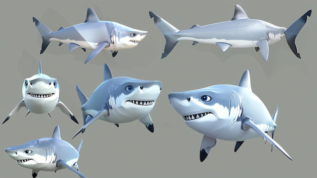 Photo a collection of 3d rendered images of a cartoon shark the shark is white and has blue eyes it is smiling and has its mouth open