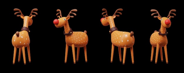 Collection Of 3D Rudolph (Reindeer) Standing On Black Background.