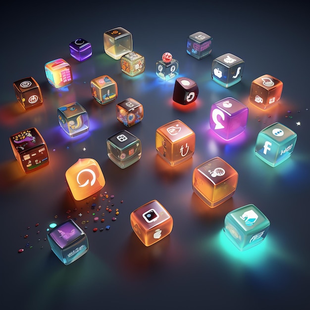 collection of 3d social media icons over transparent surface