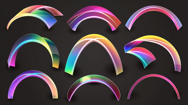 A collection of 9 colorful 3D bent shapes The shapes are made of glass and have a glossy finish