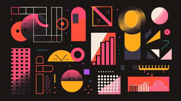 A collection of abstract geometric shapes in bright colors on a black background