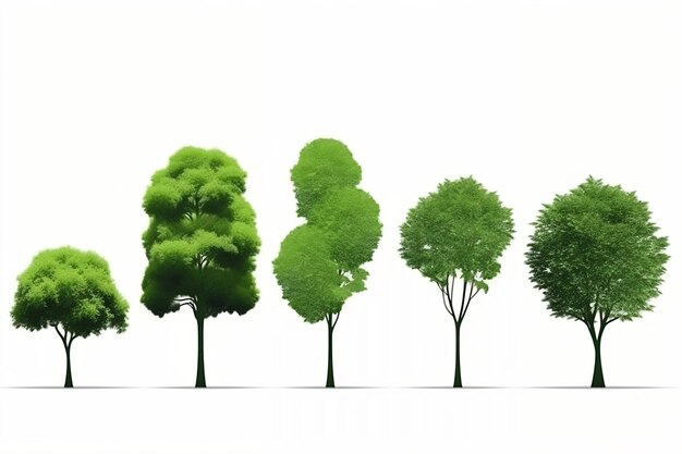 Collection of abstract green tree side view isolated on white background