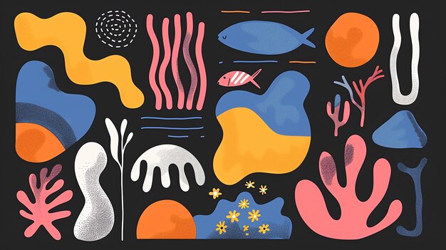 Photo a collection of abstract organic shapes reminiscent of sea life and nature the shapes are colorful and playful with a retro 70s vibe