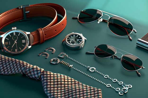 Photo a collection of accessories including a watch sunglasses and a tie