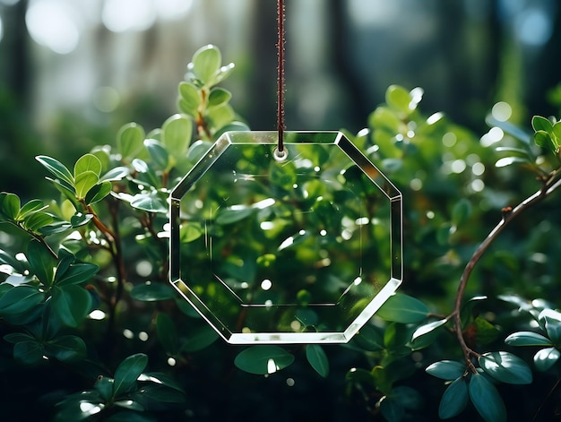 Photo collection of acrylic hexagonal card tied to eucalyptus branches with gree vintage nature hang tag