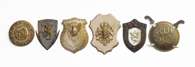 collection of ancient shields isolated on white background