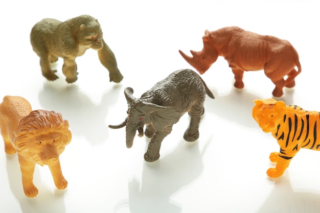 Photo collection animals concept model toy on white background.