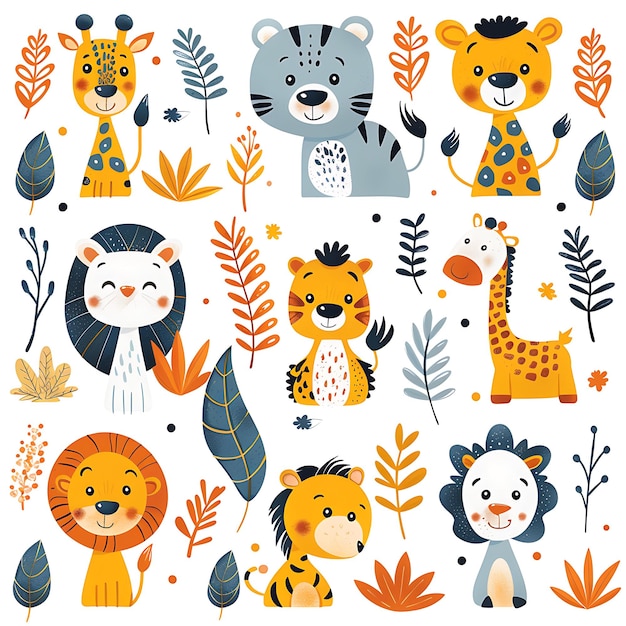 a collection of animals and plants including giraffes and trees