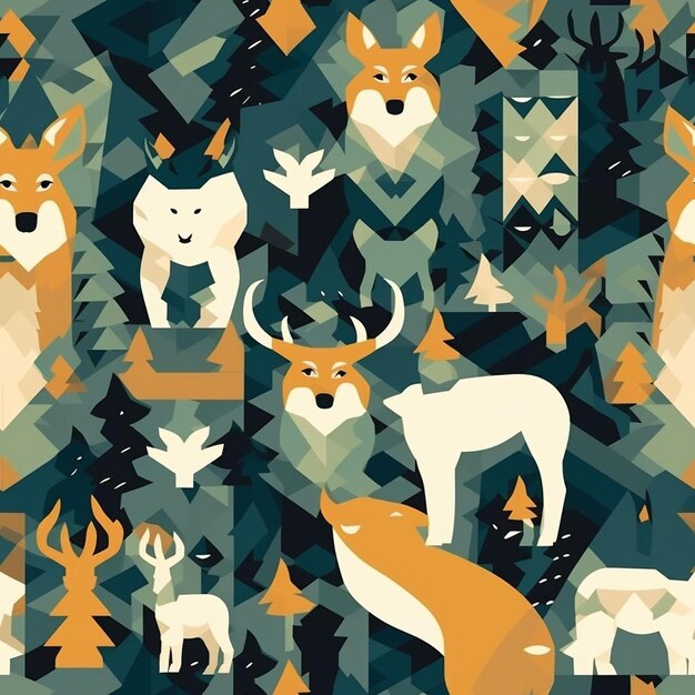 A collection of animals and trees with a picture of a fox and deer.