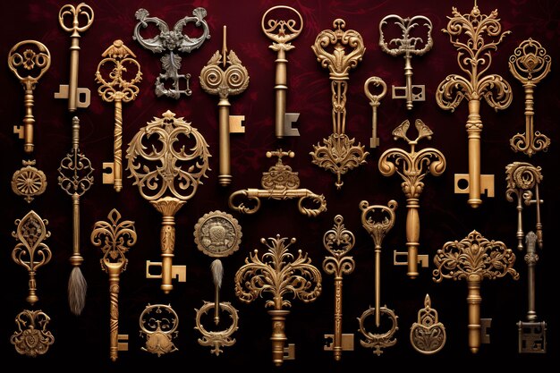 a collection of antique keys including one that has the word quot royal quot on it