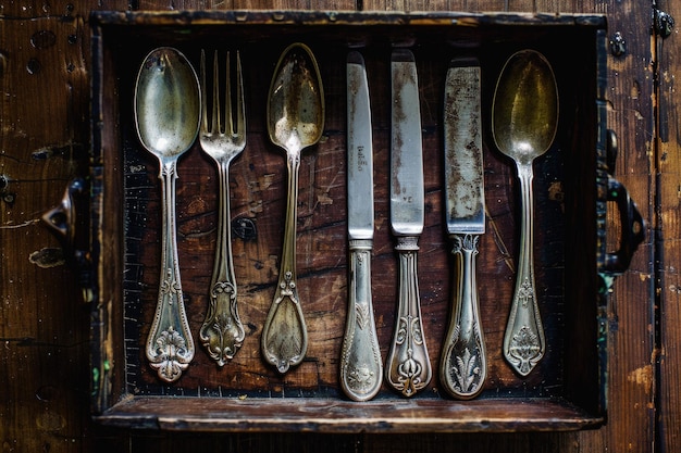 A collection of antique silverware in a wooden box