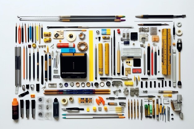 Collection of architect labor tools on a white background organized 3d illustration