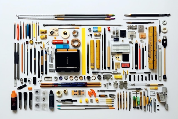 Collection of architect labor tools on a white background organized 3d illustration