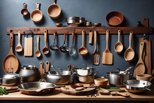 коллекция кустарных кухонных приборов на деревянной доске на фоне оживленной кухонной сцены