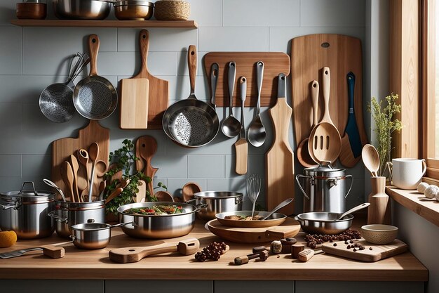活気のあるキッチンシーンを背景に木製のボードに組み込まれた工芸品の調理器具のコレクション