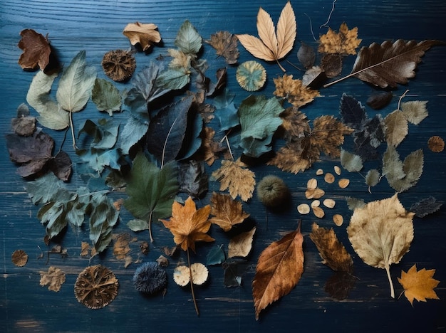 A collection of autumn leaves including one that is on a blue table.