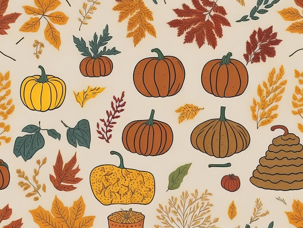 A collection of autumn leaves and pumpkins on a beige background.