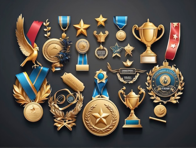 a collection of awards and medals on a black background with a gold star