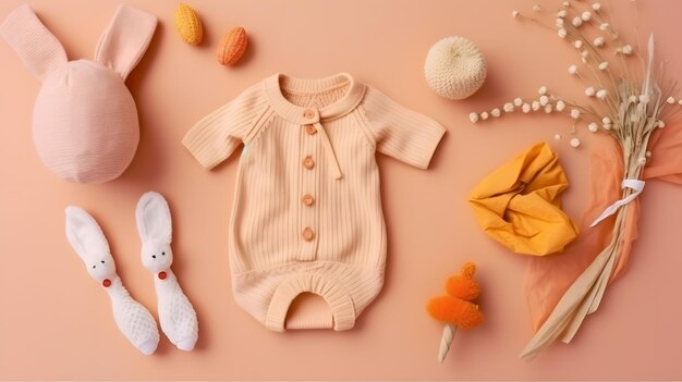 A collection of baby clothes including a bunny, a blanket, a toy and a sweater.