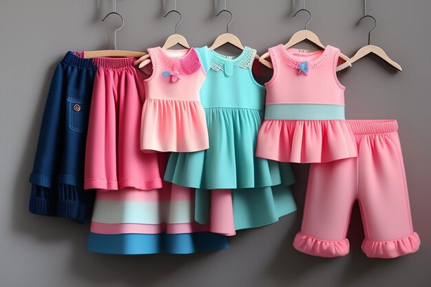 A collection of baby clothes with a blue bow on the front.