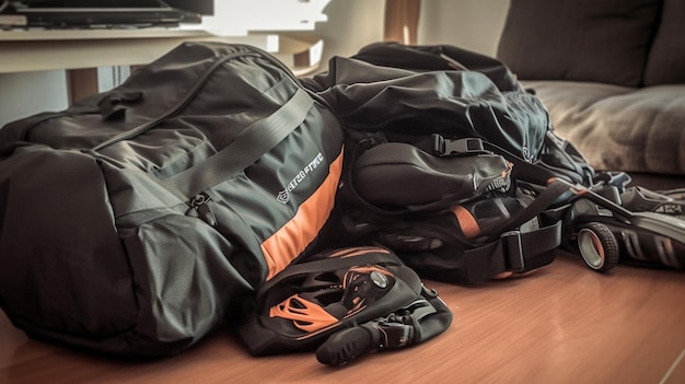 A collection of backpacks and gear including a bike.