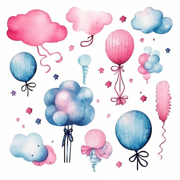 A collection of balloons and clouds with hearts and stars