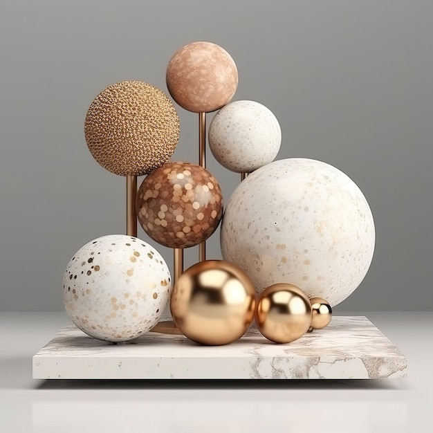 A collection of balls and balls are on a marble table.